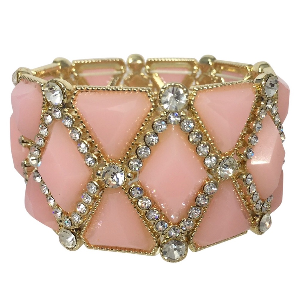 Wide Light Pink Gem Clear Rhinestone Fancy Statement Stretch Bracelet